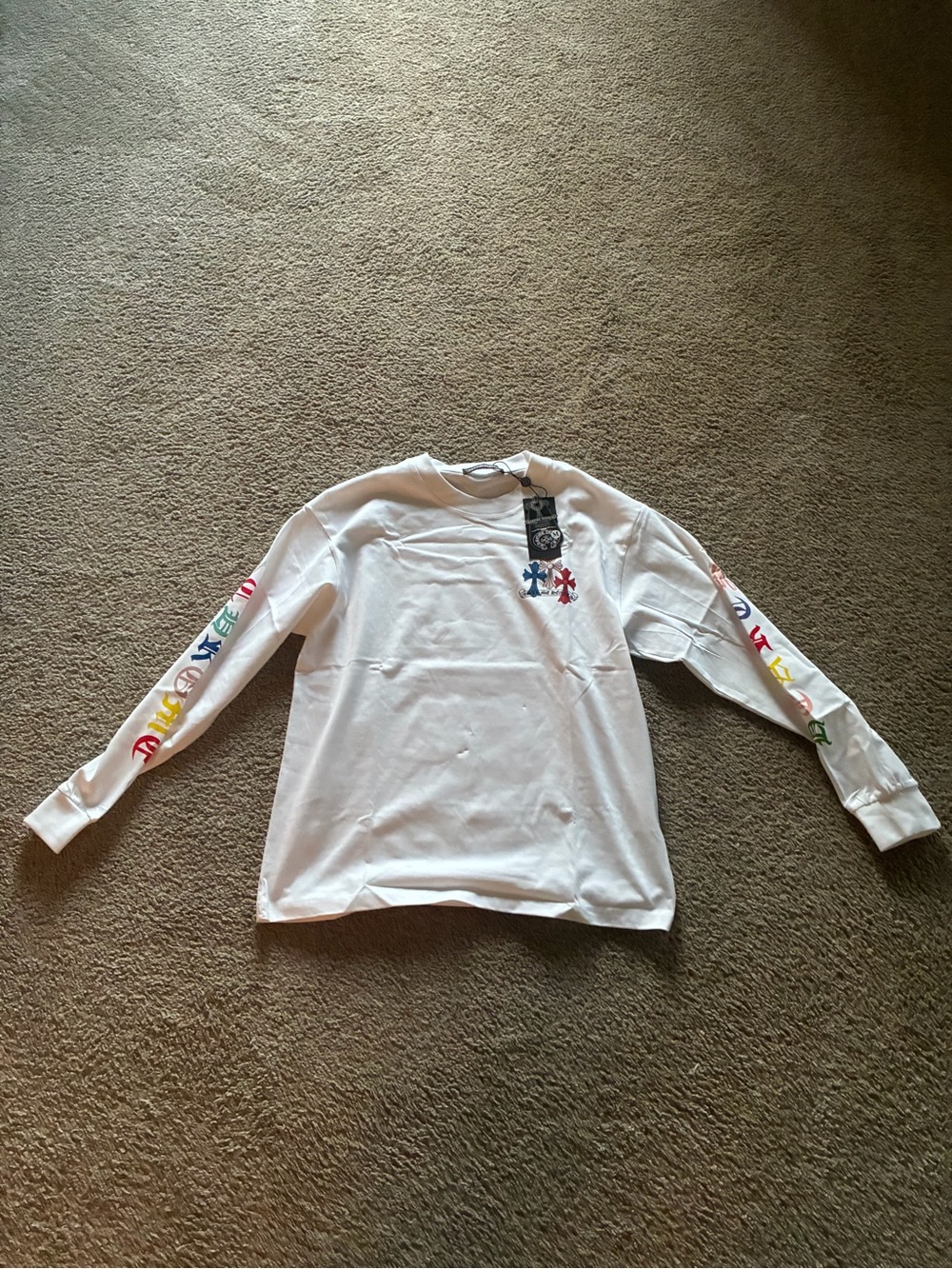 Chrome Hearts White Long-Sleeve Tee with Multicolor Sleeve Graphics